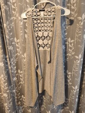 Deb Tan Open-Front Crochet-Panel Knit Vest